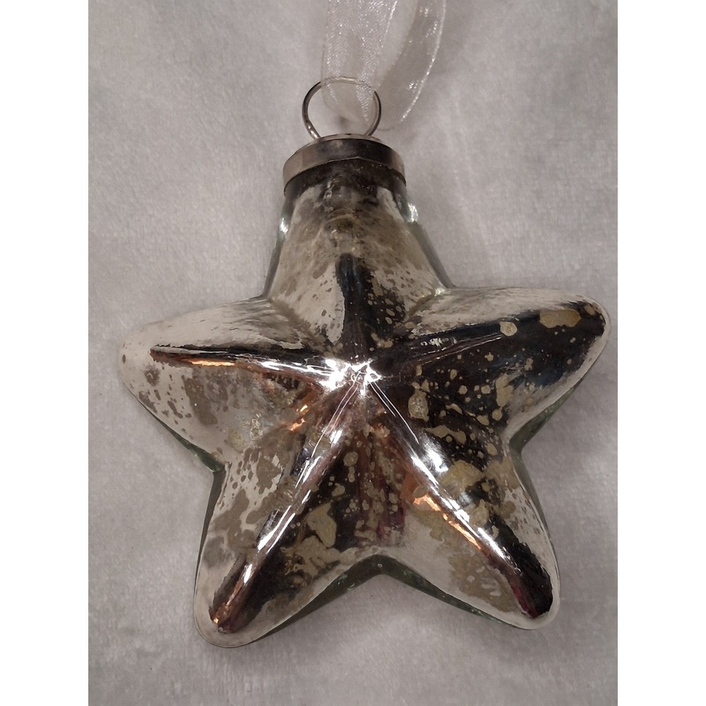 Vintage Kugel Style Silver Glass Star Christmas Ornament 3" Heavy Molded Glass